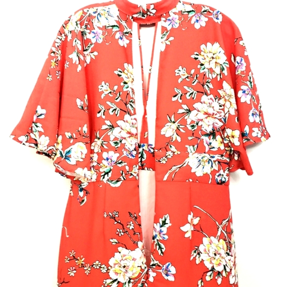 Nwot Truth & Fable Red Multicolor Floral Flutter Sleeve Maxidress - Picture 11 of 14